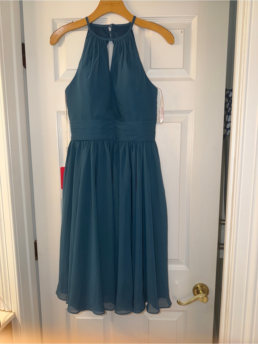 JJs House Slate Blue Halter Chiffon Midi Dress with keyhole back